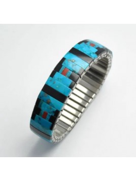 Bracelet extensible en turquoise naturelle, corail, onyx et acier